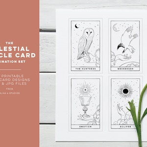 Jeu de tarot imprimable de carte Oracle céleste | Livre de coloriage PDF de 25 dessins au trait noir et blanc avec des totems soleil, lune, hibou, corbeau et cheval