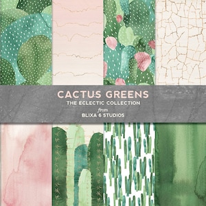 Gráficos de imágenes prediseñadas de acuarela de Cactus Greens / 12 fondos JPG con ilustraciones suculentas de color rosa y esmeralda para impresión, sitios web y redes sociales