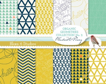 Organic Geometric Digital Paper Patterns in Mustard, Navy & Jade for Scrapbooking and Note Cards