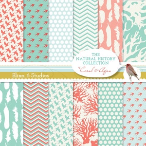 Coral & Mint Digital Paper Colección de Historia Natural de 12 patrones imprimibles que incluyen plumas, corales, colibríes y chevrones