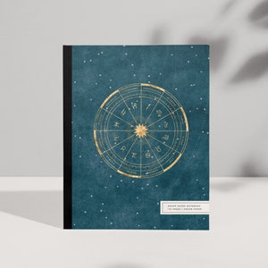 Blank  Notebook w/ Blue Gold Zodiac Wheel  | Softcover 8.5x11 Journal w/ Cream Graph Paper or Cornell System Pages | Gift for Astrology Fans