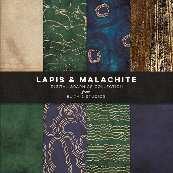 Lapis & Malachite Digital Clipart Background Graphics | Blue  Green Designs with Golden Foil Geode Circles, Marbled Veins for Web and Social