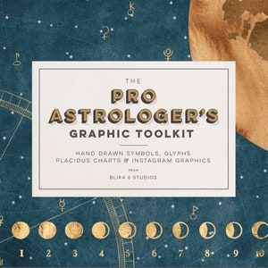 Pro Astrology Grafikdesign & Instagram Template Kit | Zodiac Wheel Charts, Mondphasen, Sternsymbole, Celestial Glyphen | PNG Vektor Clipart