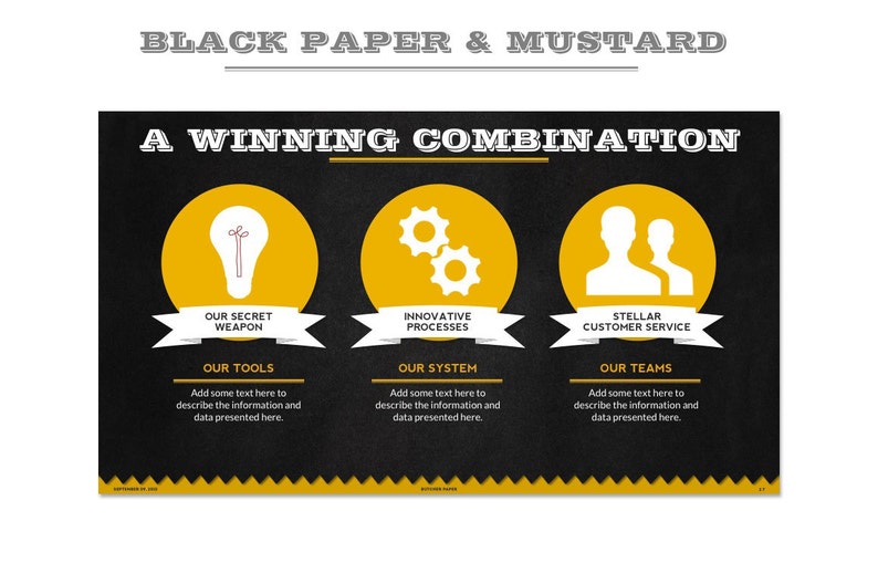 May include: A black and yellow infographic with the text "Black Paper & Mustard A Winning Combination". The infographic has three sections, each with a yellow circle containing a white icon and the text "Our Secret Weapon", "Innovative Processes", and "Stellar Customer Service". Below each section is the text "Our Tools", "Our System", and "Our Teams" with a description of each section.