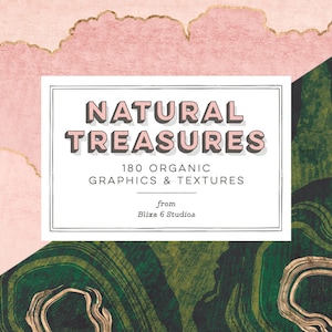 Könnte beinhalten: Ein weißes Rechteck mit schwarzen Rändern und dem Text "NATURAL TREASURES 180 ORGANIC GRAPHICS & TEXTURES from Blixa 6 Studios" auf einem rosa und grünen Hintergrund mit goldenen Akzenten.