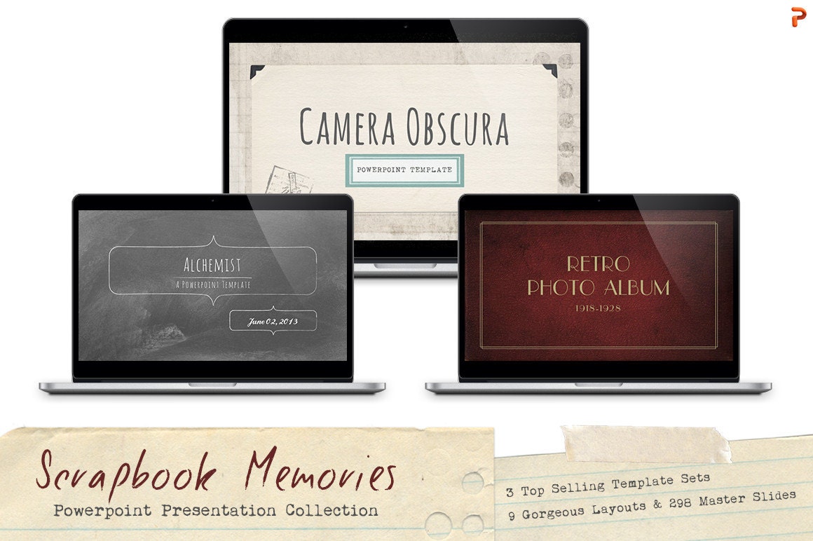 Scrapbook Memories Powerpoint Template Collection including Chalkboard,  Antique Photo Album, Collaged Ephemera Styles Within Powerpoint Photo Album Template