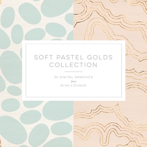 Pode incluir: Coleção de gráficos digitais com cores pastel suaves e detalhes dourados. A imagem apresenta dois padrões: ovais azuis claros sobre fundo creme e arte linear dourada sobre pêssego. O texto diz "Soft Pastel Golds Collection".
