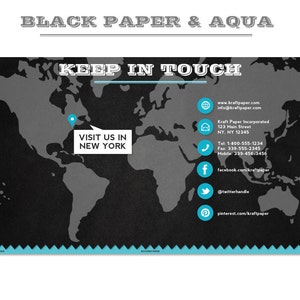 May include: A black and white world map with a blue pin marking a location in the United States. The text "VISIT US IN NEW YORK" is written in a blue speech bubble. The map is surrounded by a blue and white border. The text "KEEP IN TOUCH" is written in large blue letters at the top of the image. Contact information for Kraft Paper Incorporated is listed below the map, including their website, email address, phone number, and social media links.