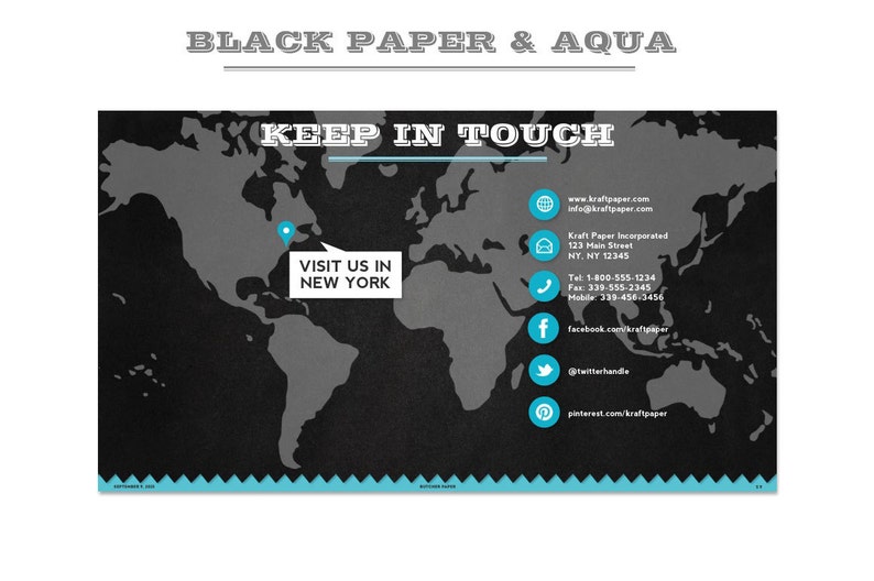 May include: A black and white world map with a blue pin marking a location in the United States. The text "VISIT US IN NEW YORK" is written in a blue speech bubble. The map is surrounded by a blue and white border. The text "KEEP IN TOUCH" is written in large blue letters at the top of the image. Contact information for Kraft Paper Incorporated is listed below the map, including their website, email address, phone number, and social media links.