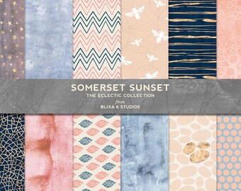 Somerset Sunset Rose Gold & Watercolor Digital Patterns in Peach Pink and Navy Blue