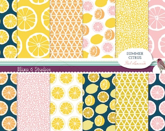 Summer Citrus Digital Paper: 12 Printable Pages of Lemon, Grapefruit and Tangerine Patterns