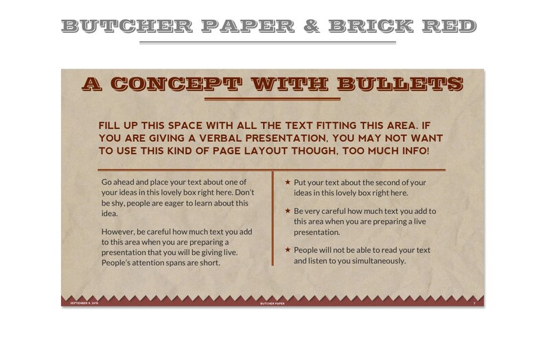 May include: A brown and white presentation template with the text "A CONCEPT WITH BULLETS" in red. The template has two columns with bullet points and text boxes for adding information. The text "FILL UP THIS SPACE WITH ALL THE TEXT FITTING THIS AREA. IF YOU ARE GIVING A VERBAL PRESENTATION, YOU MAY NOT WANT TO USE THIS KIND OF PAGE LAYOUT THOUGH, TOO MUCH INFO!" is also included.