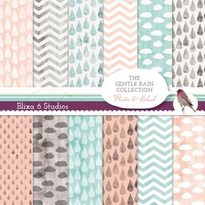 Aquarel getextureerde digitale papier Set - zachte regen collectie regendruppel, Cloud & Chevron patronen in Blush roze, Mint Aqua en Pewter
