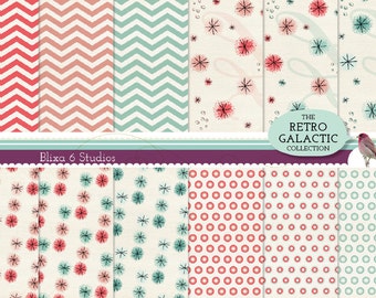 Retro Stars Digital Papers in Coral Pink and Mint Green for Scrapbooks & Gift Wrap