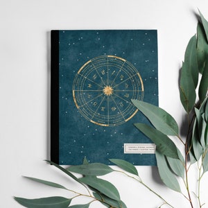 Quaderno vuoto con ruota dello zodiaco blu e oro / Diario con copertina morbida 8,5x11 con carta millimetrata color crema o pagine del sistema Cornell / Regalo per gli appassionati di astrologia