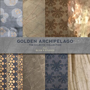Archipiélago Dorado: Patrones de fondo digitales de oro rosa y texturas de acuarela en marrones azules y de tabaco