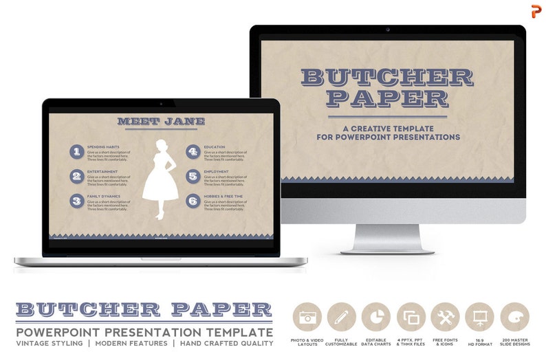 May include: A PowerPoint presentation template with a vintage butcher paper design. The template features a title slide with the text "Butcher Paper" in a blue and white font. The template also includes a slide with a silhouette of a woman and the text "Meet Jane".
