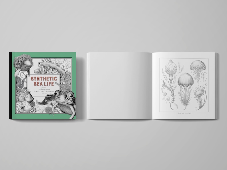 以下が含まれることがあります： 緑色の表紙に「Synthetic Sea Life: A Coloring Book of Unnatural History」というタイトルが赤と白で書かれた、閉じた塗り絵の本。表紙には、海の生き物の白黒のイラストが描かれている。