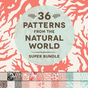 Wild Animal Digital Patterns Super Bundle: 36 Printable Pages of Zebra, Coral, Shagreen and Feathers in Coral Pink, Mint, Ebony & Ivory