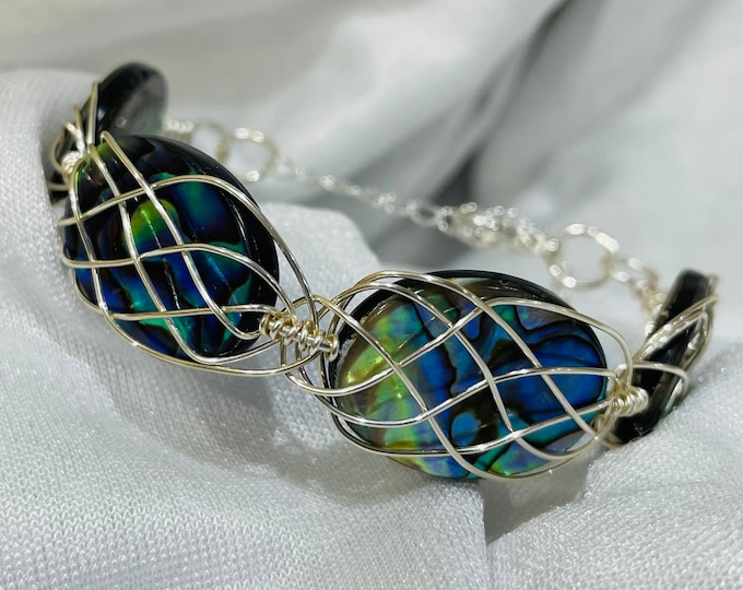 Abalone Paua shell Celtic design wire wrapped bangle