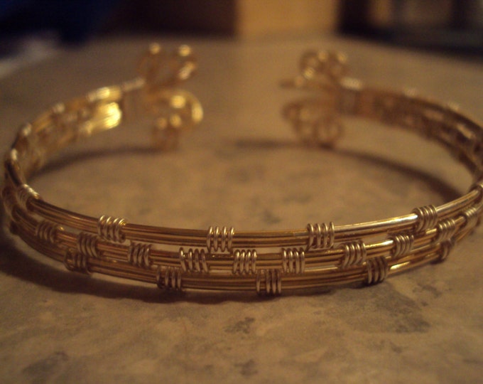 Gold and silver plated wire wrapped cuff bangle