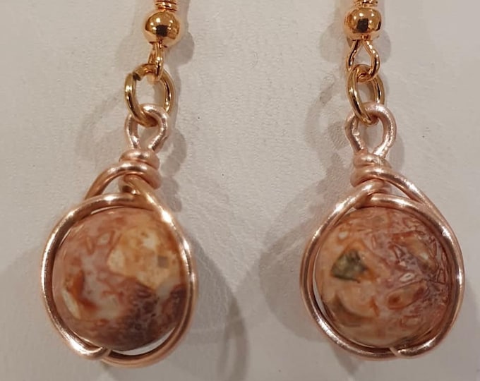 Jasper faceted rounds 10mm with rose gold jewellery wire earrings