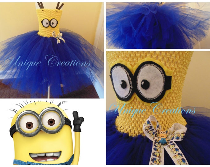 Minions inspired tutu dress with 6 layers of tulle, very full, minions ribbon and embellishment