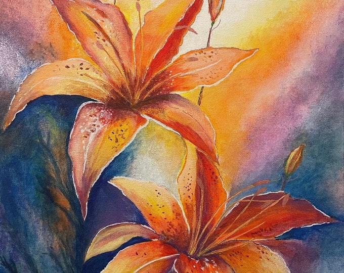 Sunset Lillies Acrylic painting on A3 stretched Canvas. Original one of a kind painting.