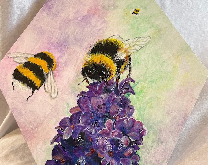 A3 Acrylic Bee on flowers painting on hexagon canvas. Called "Nectar"