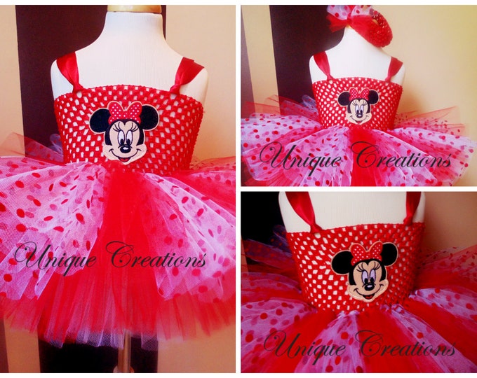 Minnie mouse inspired tutu dress with 6 layers of tulle, embroidered patch, embellishments