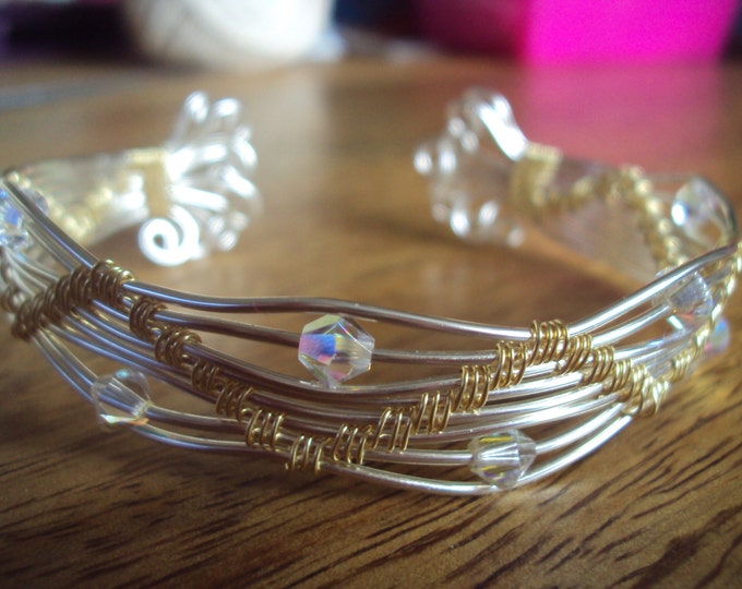 Gold and silver plated semi precious wire cuff bangle with genuine swarovski crystals