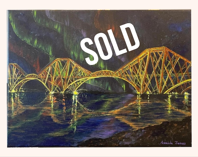 Acrylic painting of the Forth Rail Bridge in Scotland with the Northern Lights A3 size. "Aurora and the rail bridge"