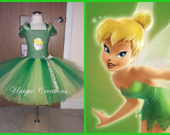 Tinkerbell inspired tutu dress with 6 layers of tulle, embroidered patch and satin ribbon