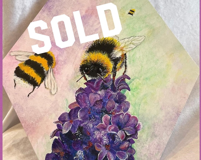 A3 Acrylic Bee on flowers painting on hexagon canvas. Called "Nectar"