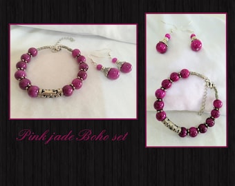 Pink jade bohemian/boho jewellery set