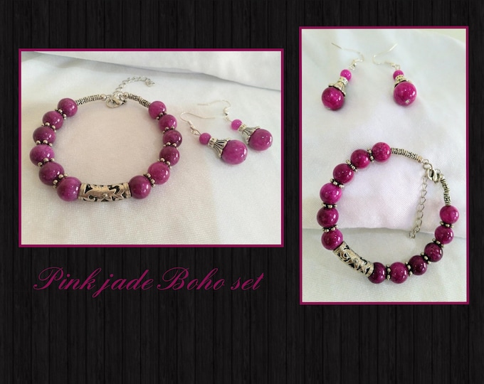 Pink jade bohemian/boho jewellery set