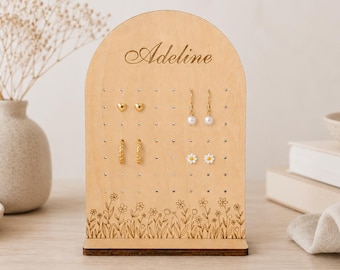 Personalised Wildflower Wooden Earrings Stand for Studs and Dangle, Arch Jewellery Stand Display