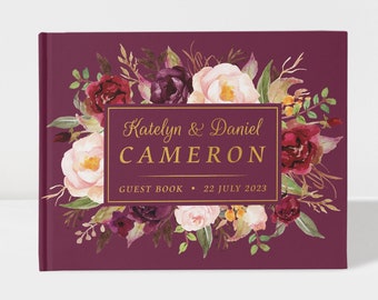 Floral Wedding Guest Book | Plum and Gold | 50 Sheets of Paper | Color Choices Available | Design: 027