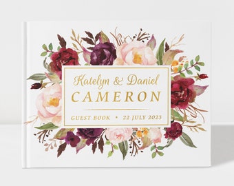 Floral Wedding Guest Book | Marsala Maroon and Gold | 50 Sheets of Paper | Color Choices Available | Design: 027