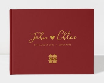 Wedding Guest Book | Maroon and Gold | Chinese Double Happiness | 50 Sheets of Paper | Color Choices Available | Design: PBL150