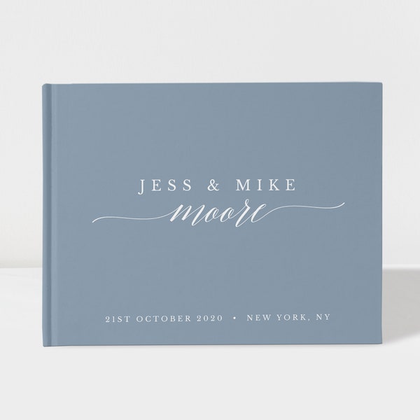 Livre d'or de mariage | Bleu poussiéreux et blanc | 50 feuilles de papier | Choix de couleurs disponibles | Conception : 004