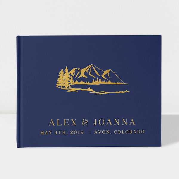 Mountain Wedding Guest Book | Navy and Gold | 50 Sheets of Paper | Color Choices Available | Design: PBL216