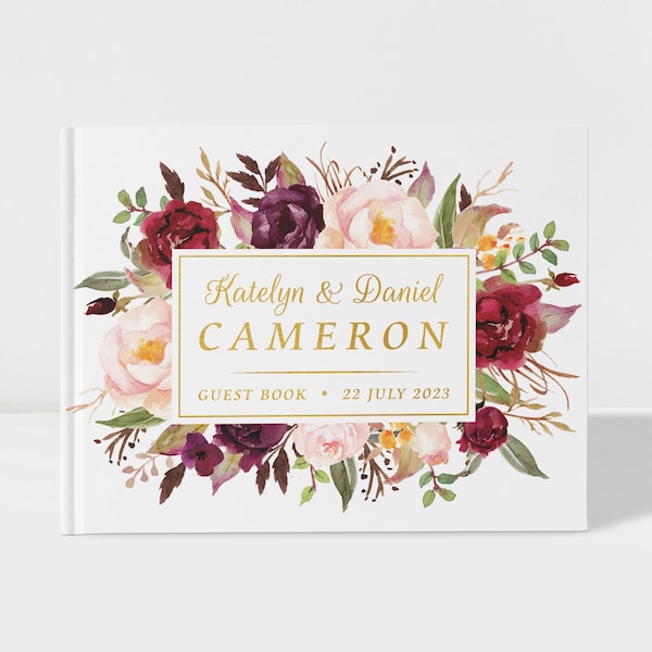 Floral Wedding Guest Book | Marsala Maroon and Gold | 50 Sheets of Paper | Color Choices Available | Design: 027