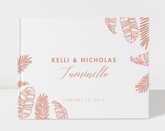 Tropical Wedding Guest Book, Palm Leaves Wedding Guestbook, White and Rose Gold Wedding, Color Choices Available, Design: 028