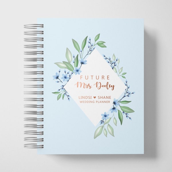 Hochzeitsplaner Buch personalisiert | Verlobungsgeschenke | Pastellblau und Roségold | Farbauswahl verfügbar | 15 x 21 cm | Design: P024