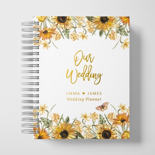 Wedding Planner Book Personalized | Engagement Gifts | Sunflowers and Gold | Color Choices Available | 6 x 9 inches | Design: P041