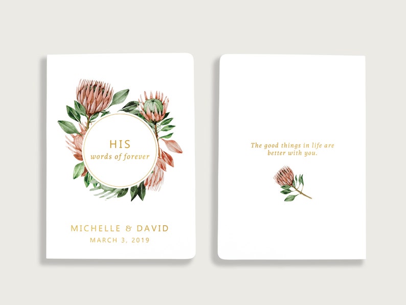 Vow Books Set of 2 Her Vows His Vows Native Protea Wreath and Gold Color Choices Available Design: 018 image 2