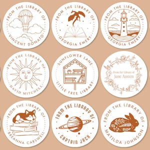 May include: A collection of circular white stickers featuring terracotta-coloured line art illustrations and personalised text. Designs include a hot air balloon, a dragon, a lighthouse, a sun, a planet, a rabbit, and floral motifs with names.