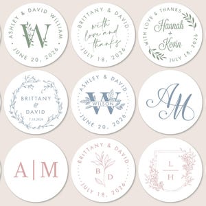 May include: A collection of circular white stickers featuring various personalised designs in sage green, dusty blue, and soft pink ink. The stickers display custom names, dates, monograms, and botanical illustrations, including wreaths, leaves, and floral frames.