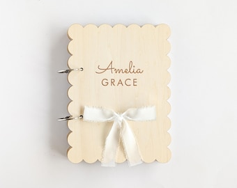 Personalised Scallop Baby Memory Book, Wooden Keepsake Album, Custom Name Newborn Milestone Scrapbook Journal